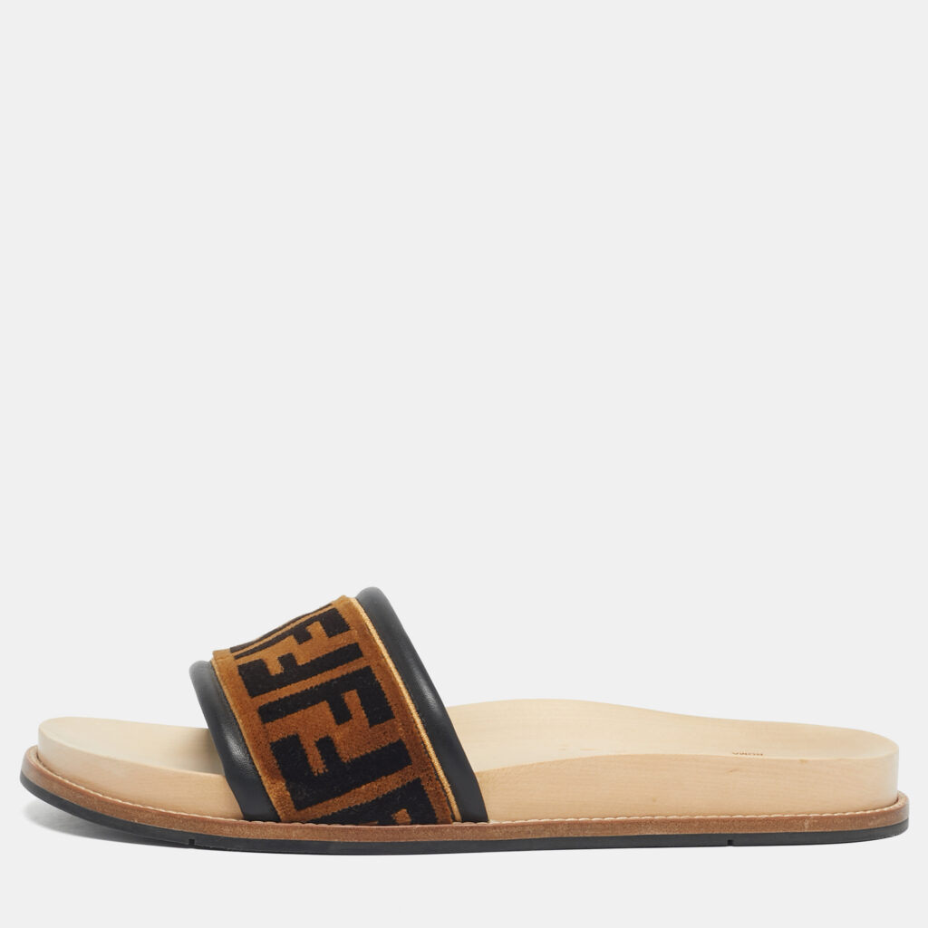 Fendi Brown Velvet Zucca Flat Slide Size 45 Fendi Brown Velvet Zucca Flat Slide Size 45