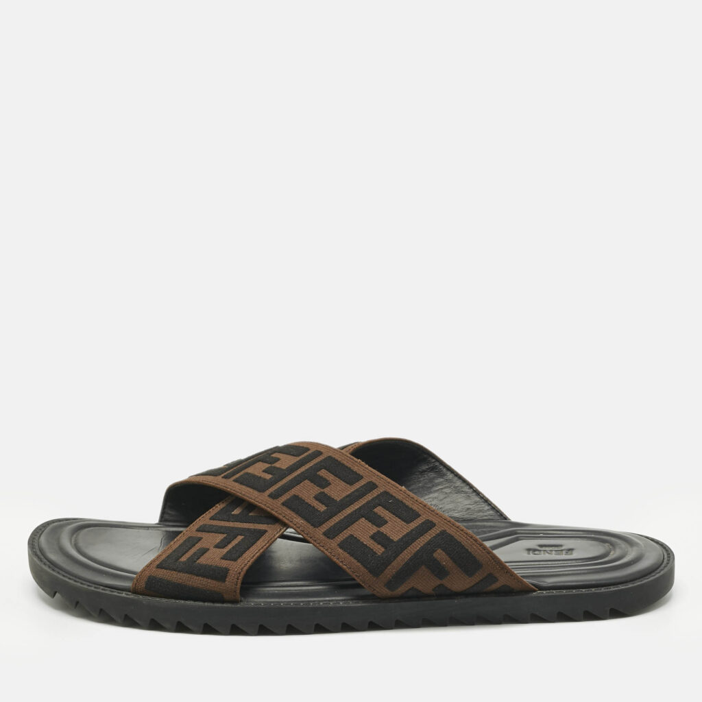Fendi Brown/Black Zucca Canvas Cross Strap Flat Slides Size 43 Fendi Brown/Black Zucca Canvas Cross Strap Flat Slides Size 43