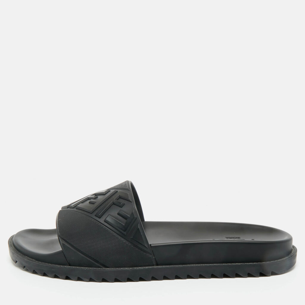 Fendi Black Rubber FF Logo PPool Slides Size 44