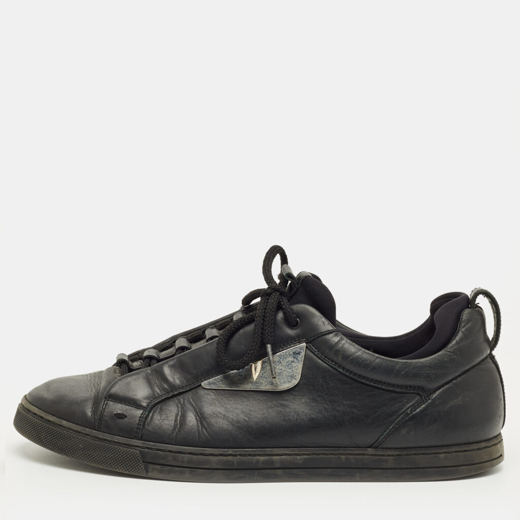 Fendi Black Leather and Fabric Monster Eye Mid Top Sneakers Size 43
