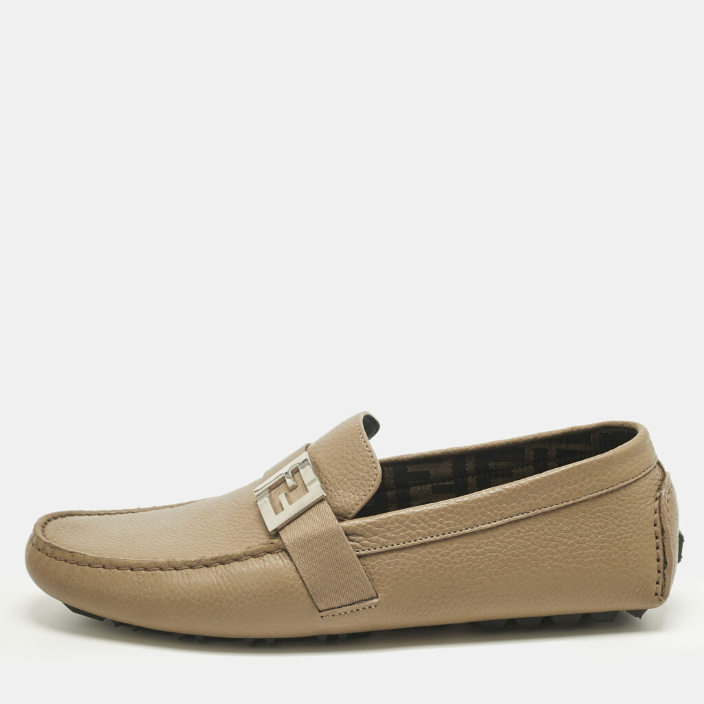 Fendi Brown Leather FF Slip On Loafers Size 43