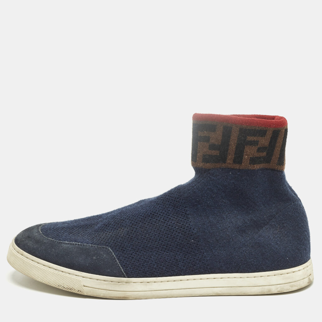 Fendi Size 42 Blue Knit Fabric and Suede FF Sock High Top Sneakers Fendi Size 42 Blue Knit Fabric and Suede FF Sock High Top Sneakers
