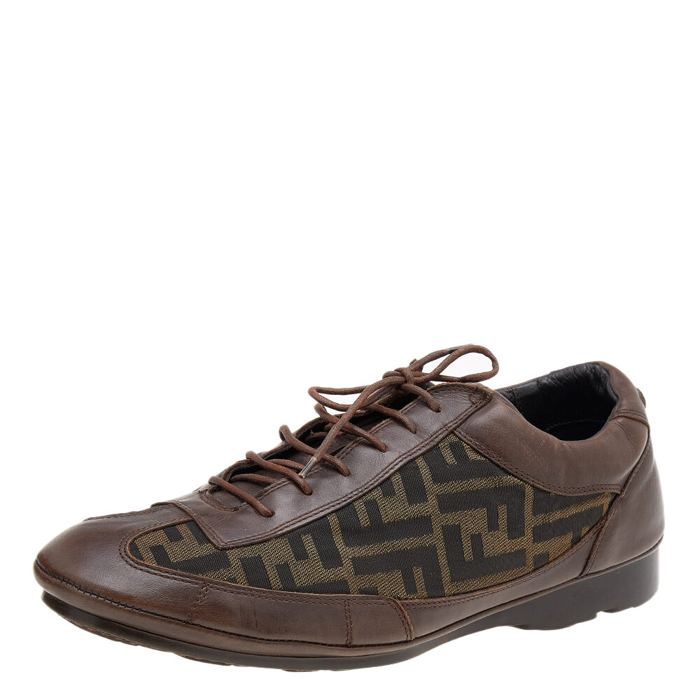 Fendi Brown Leather And Zucca Canvas Low Top Sneakers Size 42.5 Fendi Brown Leather And Zucca Canvas Low Top Sneakers Size 42.5