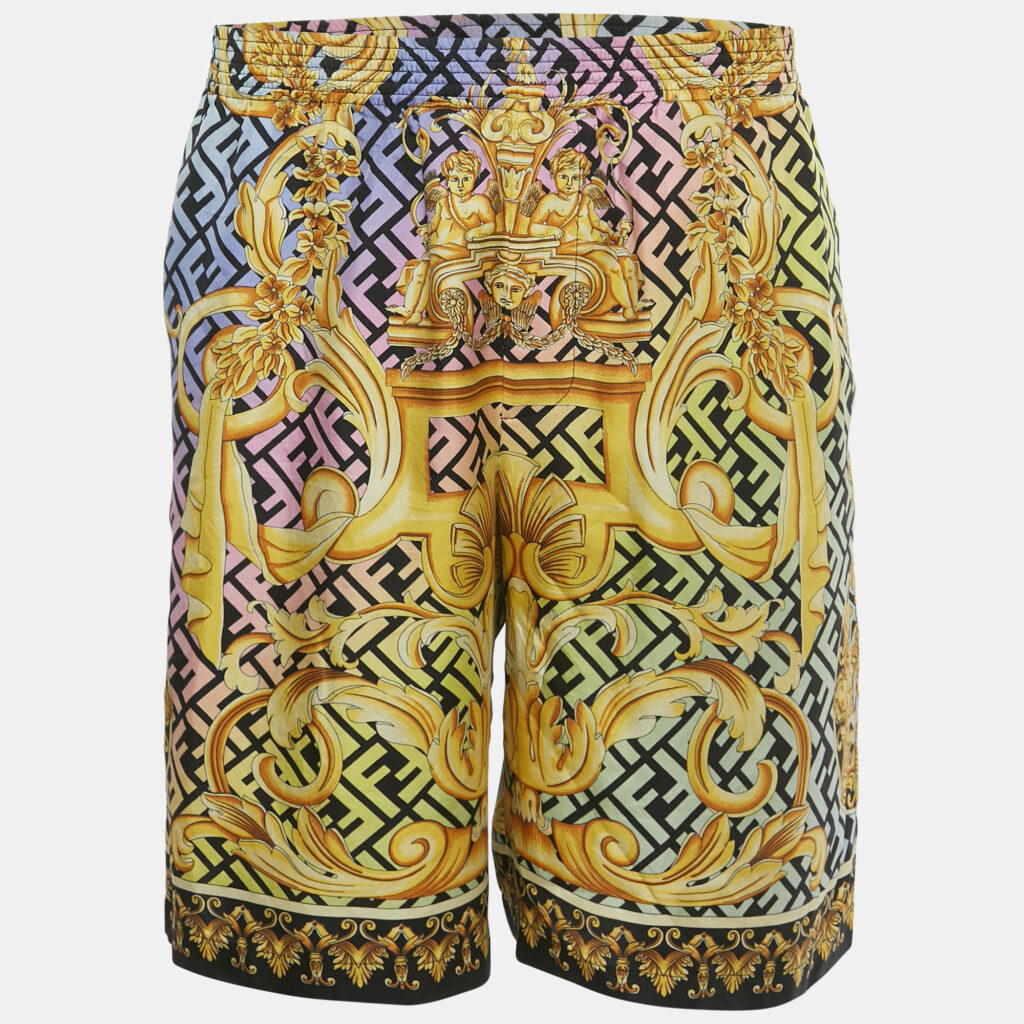 Fendace Multicolor Monogram Baroque Print Silk Shorts S Fendace Multicolor Monogram Baroque Print Silk Shorts S