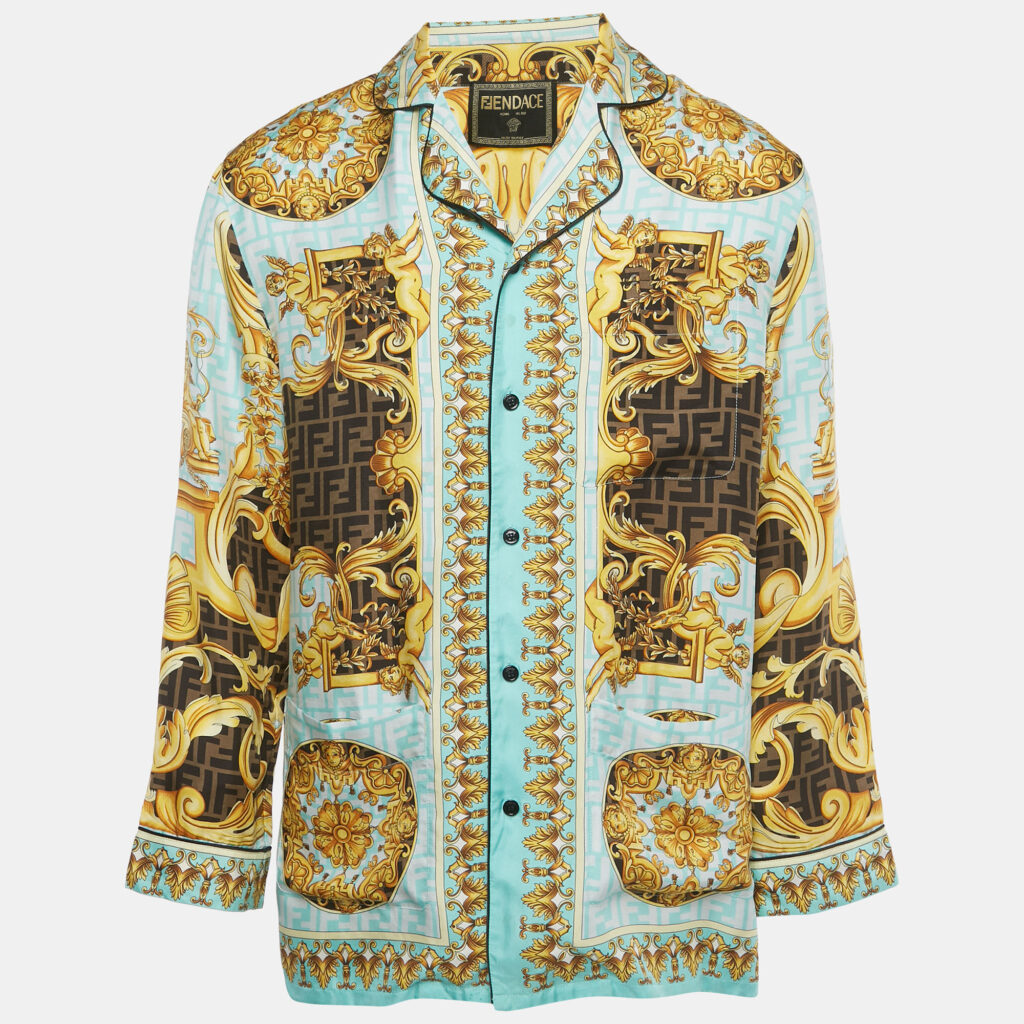 Fendace Aqua Blue Baroque Print Silk Pajama Shirt S Fendace Aqua Blue Baroque Print Silk Pajama Shirt S