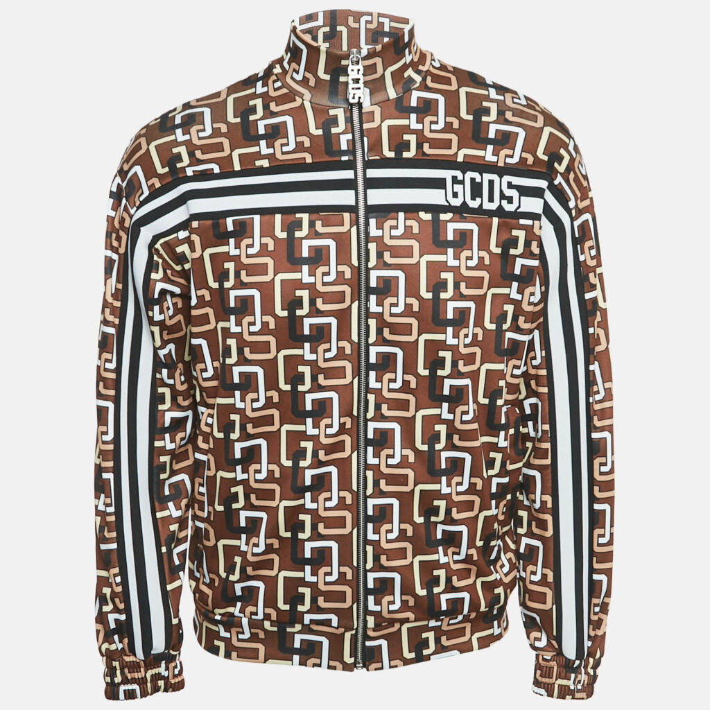 GCDS Brown Logo Print Jersey Zip-Up Jacket S