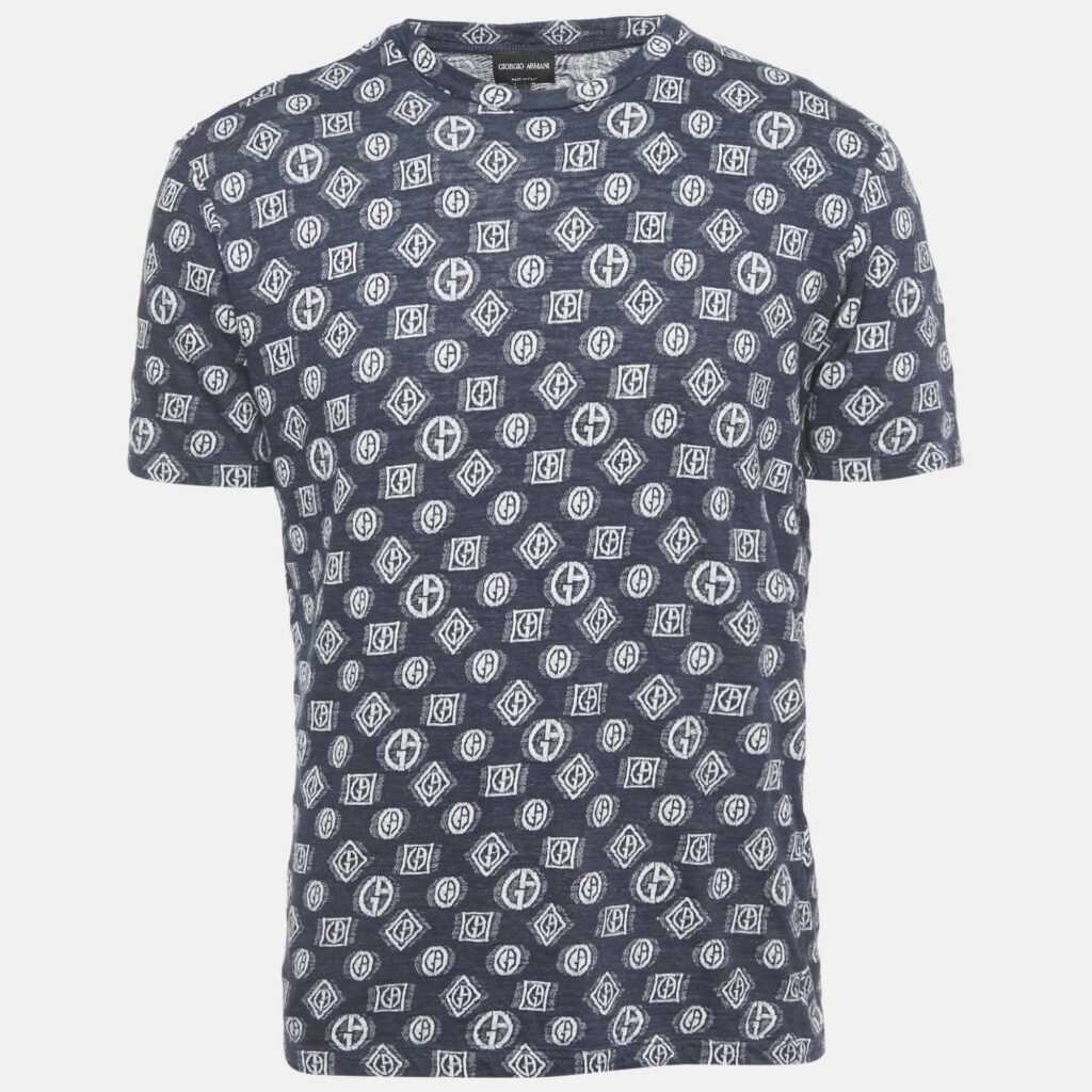 Giorgio Armani Blue Monogram Jersey Crewneck T-Shirt L
