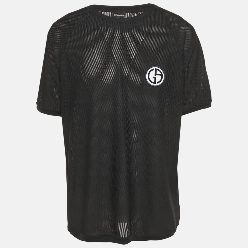 Giorgio Armani Black Mesh Logo Patch Detail Crew Neck T-Shirt XXXL