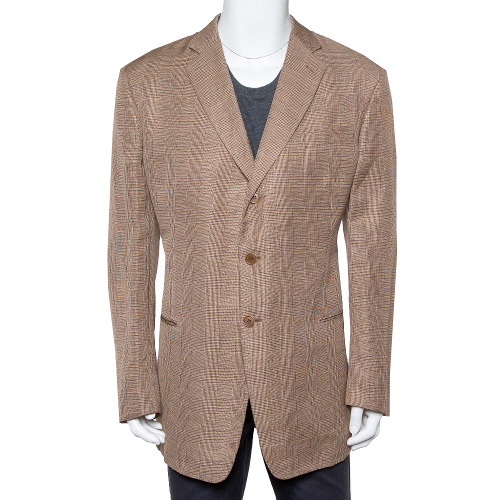 Giorgio Armani Brown Micro Check Patterned Linen Button Front Blazer 5XL Giorgio Armani Brown Micro Check Patterned Linen Button Front Blazer 5XL