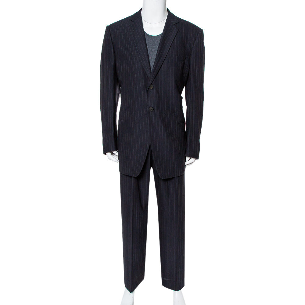 Giorgio Armani Classico Midnight Blue Pinstriped Wool & Silk Suit 5XL