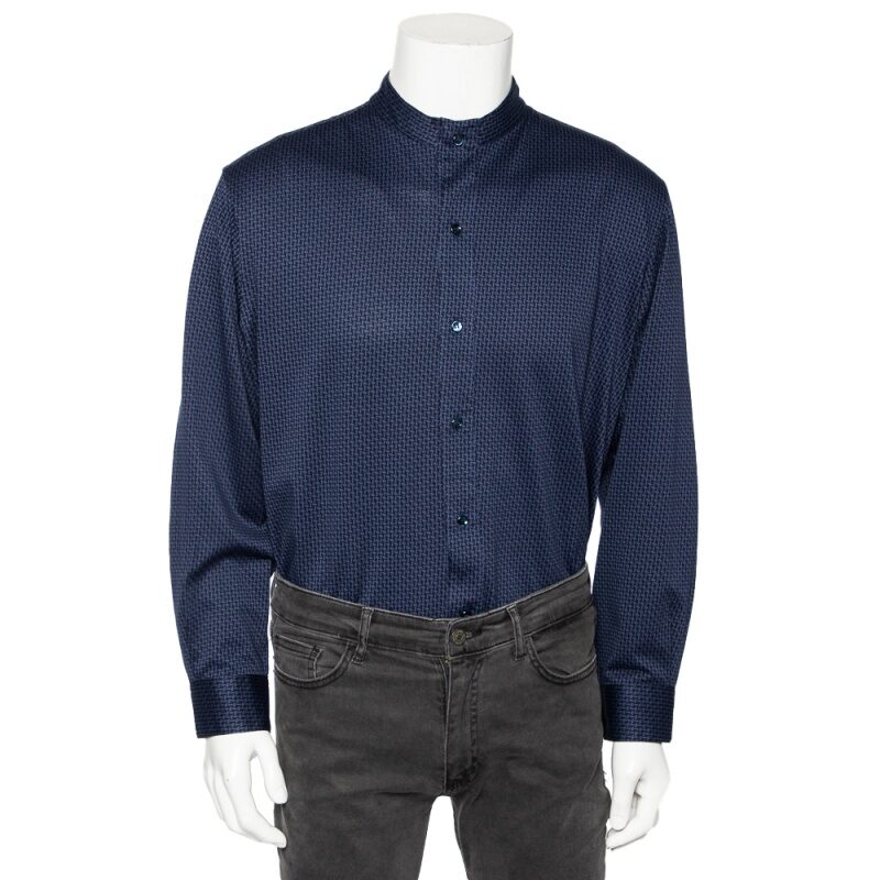 Giorgio Armani Navy Blue Printed Stretch Cotton Button Front Shirt 4XL Giorgio Armani Navy Blue Printed Stretch Cotton Button Front Shirt 4XL