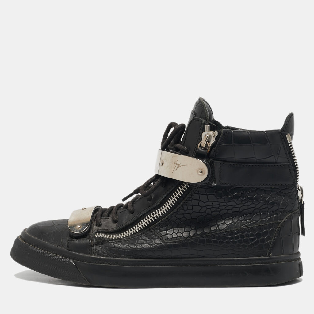 Giuseppe Zanotti Black Croc Embossed Patent Leather Double Zip High Top Sneakers Size 40