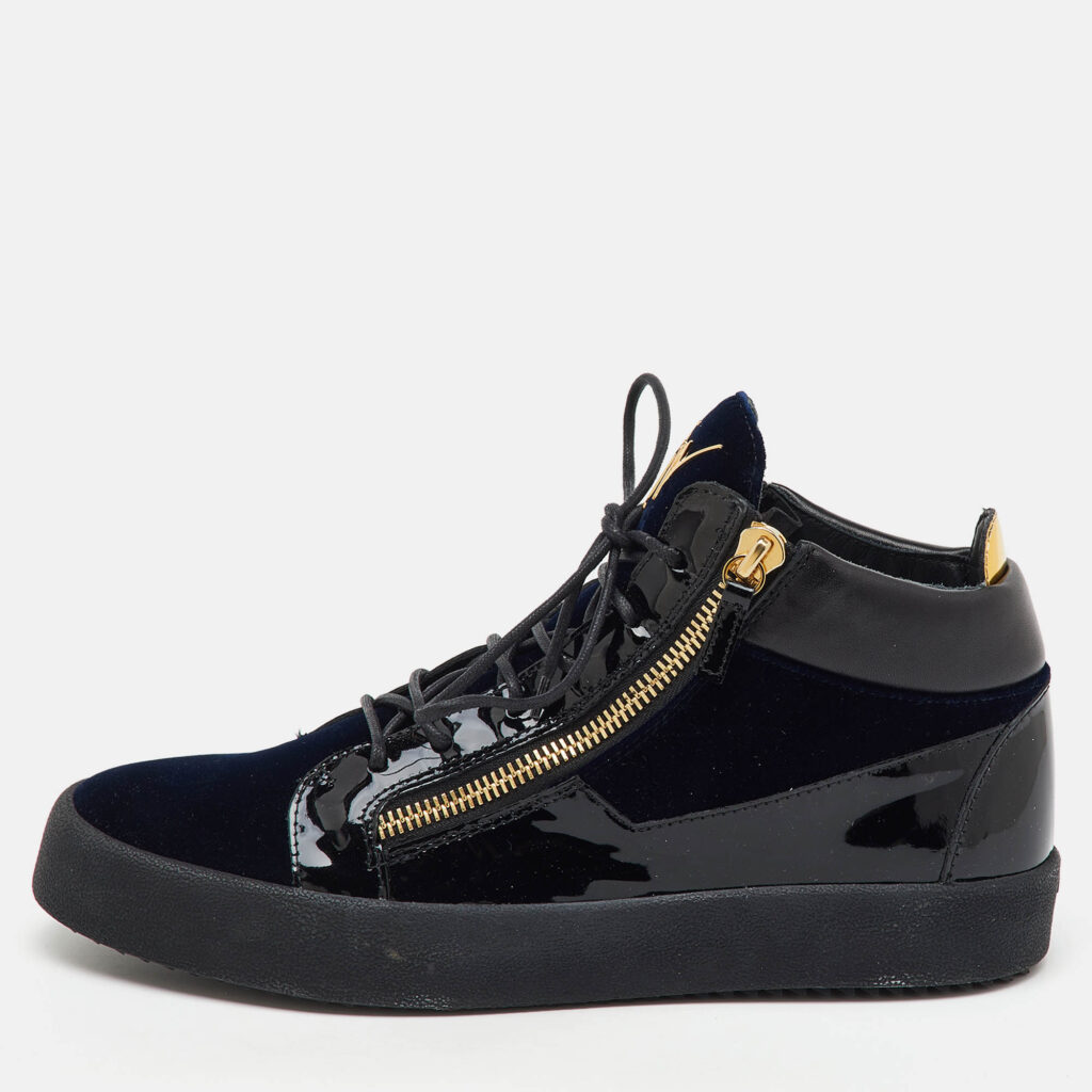 luxury-men-giuseppe-zanotti-used-shoes-p1165525-010-1.jpg Giuseppe Zanotti Blue/Black Velvet and Patent Frankie High Top Sneakers Size 45