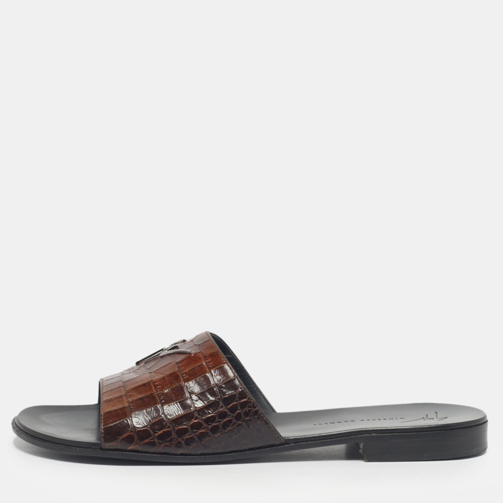 Giuseppe Zanotti Brown Croc Embossed Leather Flat Slides Size 42 Giuseppe Zanotti Brown Croc Embossed Leather Flat Slides Size 42