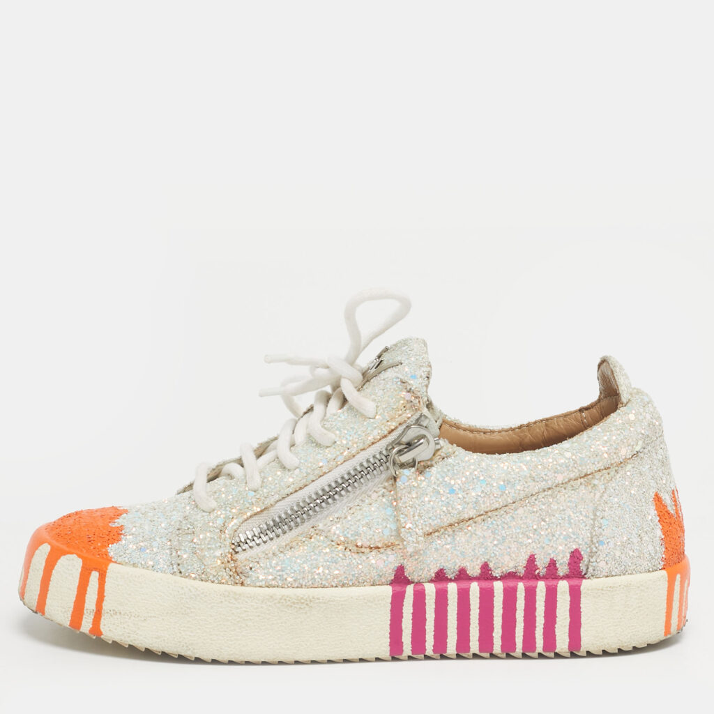 Giuseppe Zanotti Silver/Orange Glitter Crystal Embellished Gail Slip On Sneakers Size 37 Giuseppe Zanotti Silver/Orange Glitter Crystal Embellished Gail Slip On Sneakers Size 37