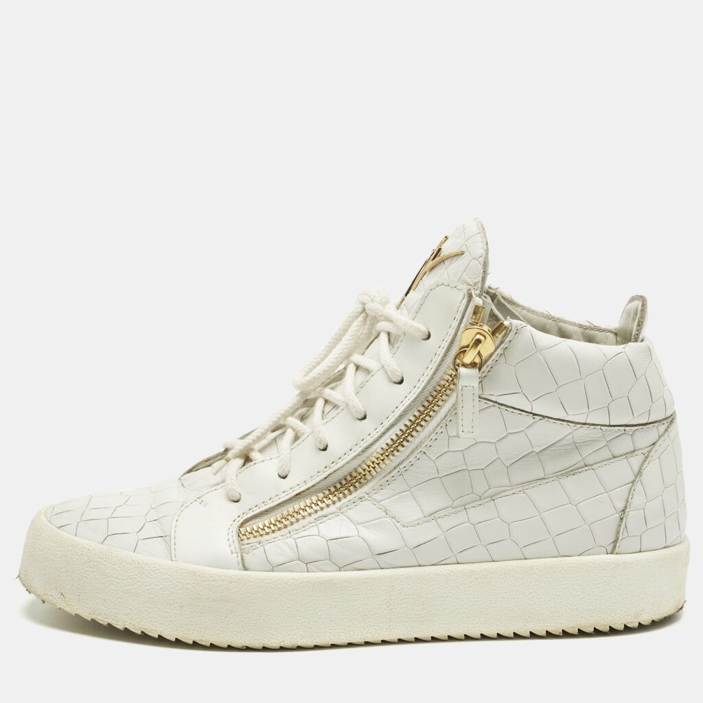 Giuseppe Zanotti White Croc Embossed Leather Kriss Lace Up Sneakers Size 43.5 Giuseppe Zanotti White Croc Embossed Leather Kriss Lace Up Sneakers Size 43.5
