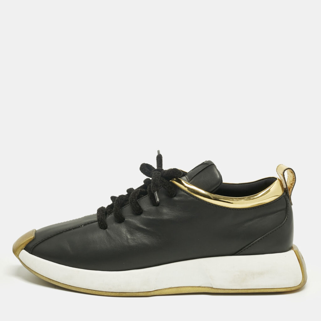 Giuseppe Zanotti Black/Gold Leather and Patent Leather Ferox Low Top Sneakers Size 45 Giuseppe Zanotti Black/Gold Leather and Patent Leather Ferox Low Top Sneakers Size 45