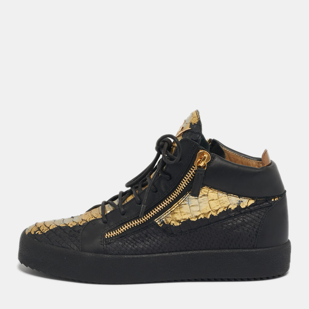 luxury-men-giuseppe-zanotti-used-shoes-p1246643-001-1.jpg Giuseppe Zanotti London Size 42 Black/Gold Python Embossed Leather Lace Up Sneakers