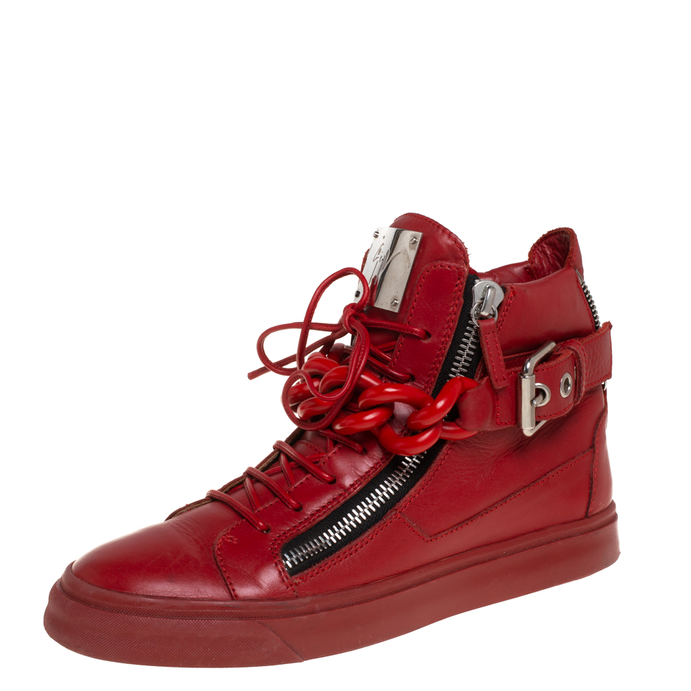 Giuseppe Zanotti Red Leather Chain Detail High Top Sneakers Size 40 Giuseppe Zanotti Red Leather Chain Detail High Top Sneakers Size 40