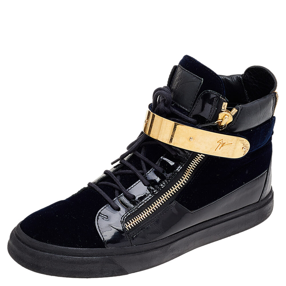 Giuseppe Zanotti Navy Blue/Black Velvet and Leather Coby High Top Sneakers Size 43 Giuseppe Zanotti Navy Blue/Black Velvet and Leather Coby High Top Sneakers Size 43