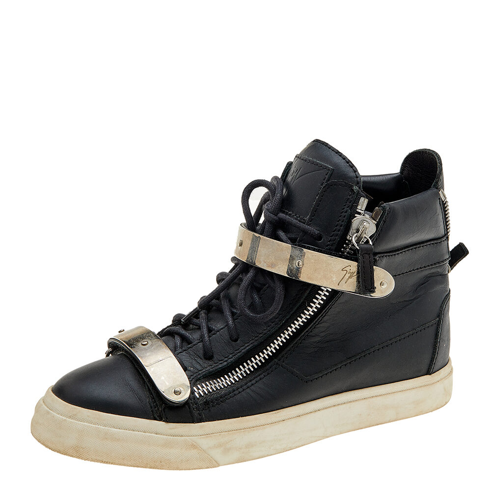 Giuseppe Zanotti Black Leather Double Chain High Top Sneakers Size 38 Giuseppe Zanotti Black Leather Double Chain High Top Sneakers Size 38