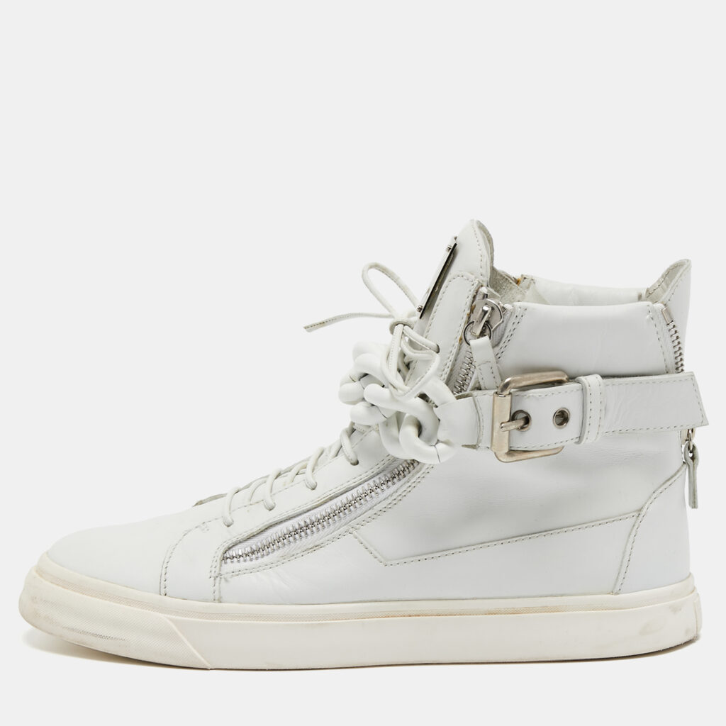 Giuseppe Zanotti White Leather Metal Chain High Top Sneakers Size 44 Giuseppe Zanotti White Leather Metal Chain High Top Sneakers Size 44