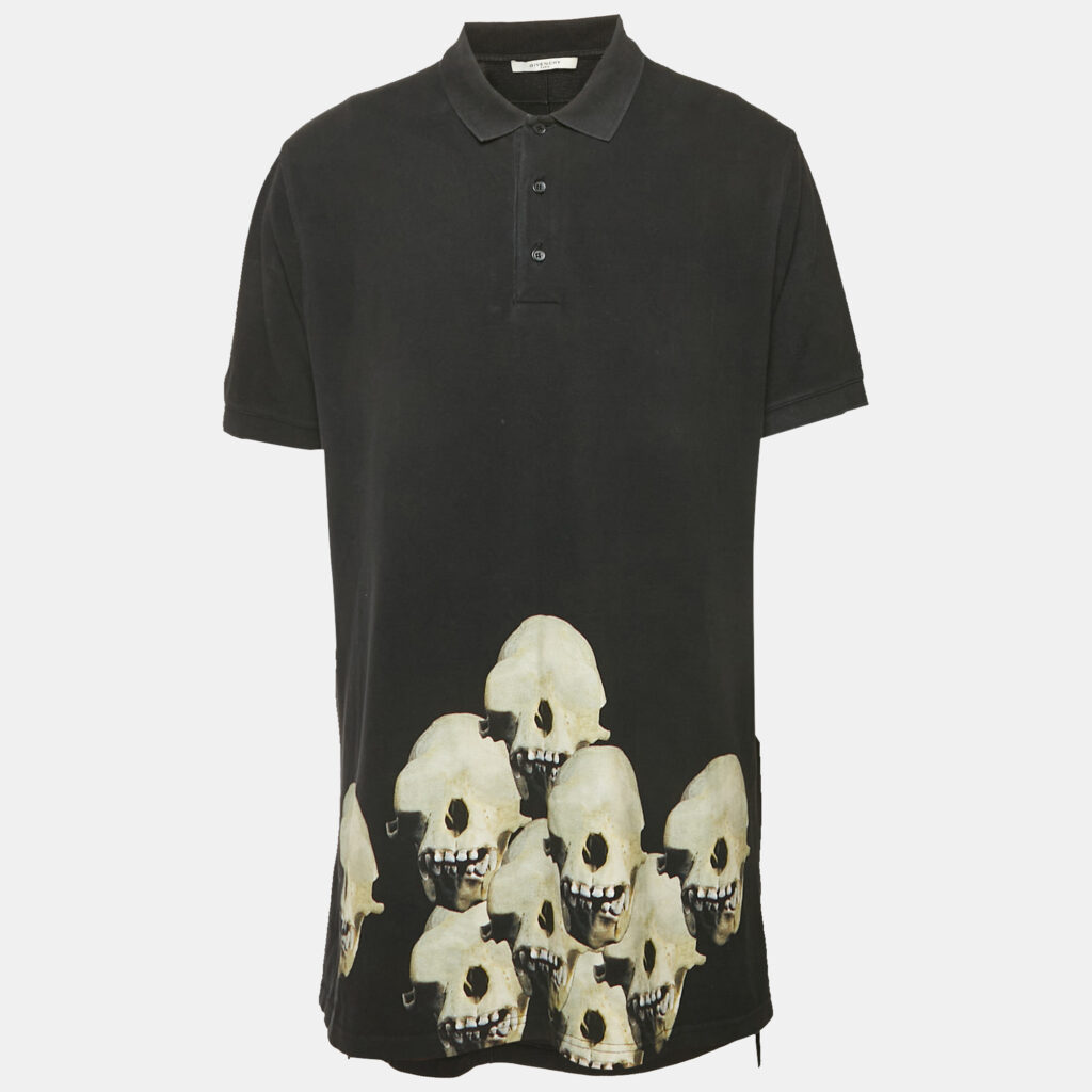Givenchy Black Skull Printed Cotton Pique Polo T-Shirt XL