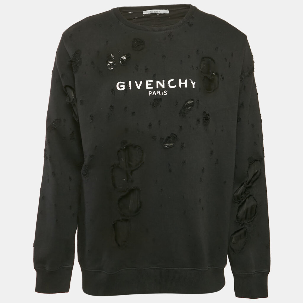 Givenchy Black Logo Print Cotton Knit Distressed Sweatshirt M Givenchy Black Logo Print Cotton Knit Distressed Sweatshirt M