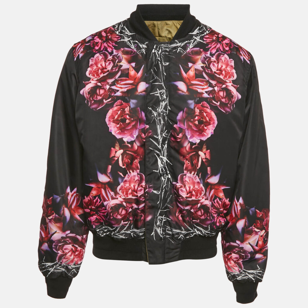 Givenchy Black Thorn & Rose Print Nylon Reversible Bomber Jacket L
