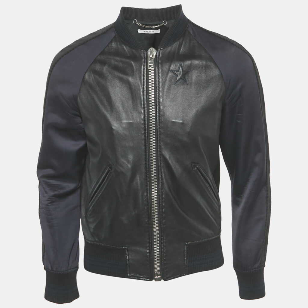 Givenchy Black/Blue Leather and Satin Stadium Bomber Jacket S