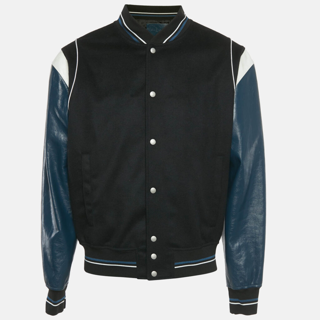 Givenchy Black /Teal Wool &Leather Logo Detail Bomber Jacket XL Givenchy Black /Teal Wool &Leather Logo Detail Bomber Jacket XL