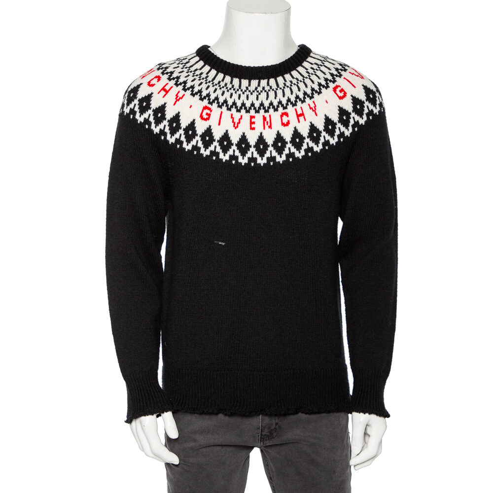 Givenchy Black Fair Isle Logo Knit Wool Frayed Edged Sweater M Givenchy Black Fair Isle Logo Knit Wool Frayed Edged Sweater M