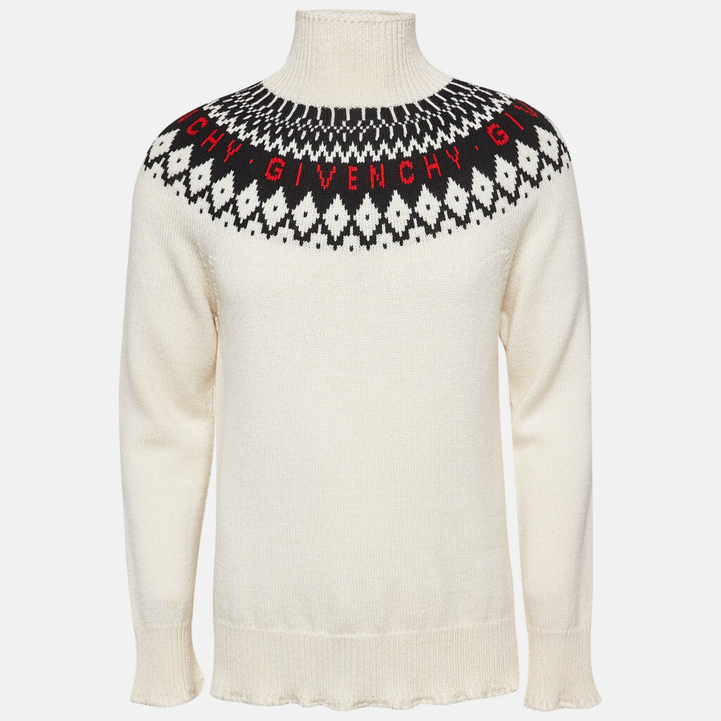 Givenchy Off-White Intarsia Wool Knit Turtle Neck Sweater M Givenchy Off-White Intarsia Wool Knit Turtle Neck Sweater M