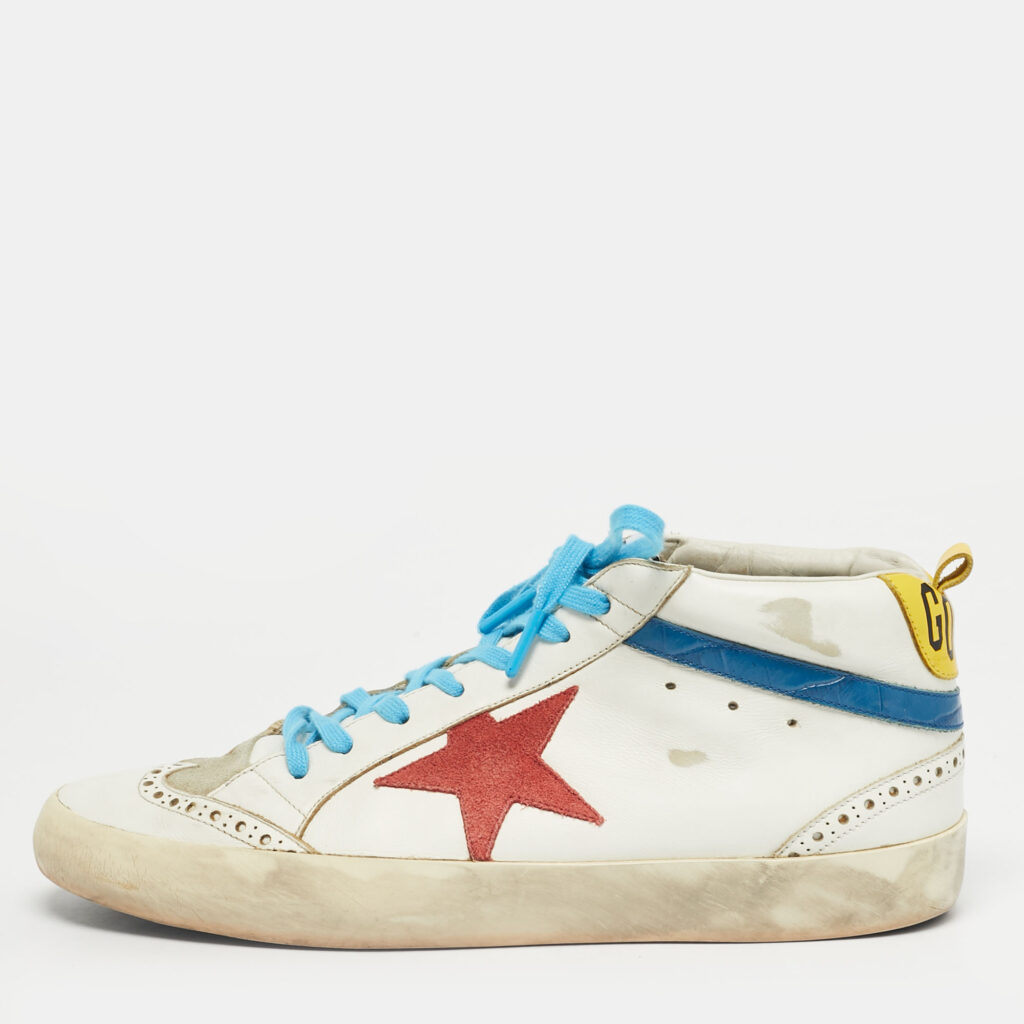 Golden Goose White Croc Embossed Leather and Leather mid star Mid Top Sneakers Size 43