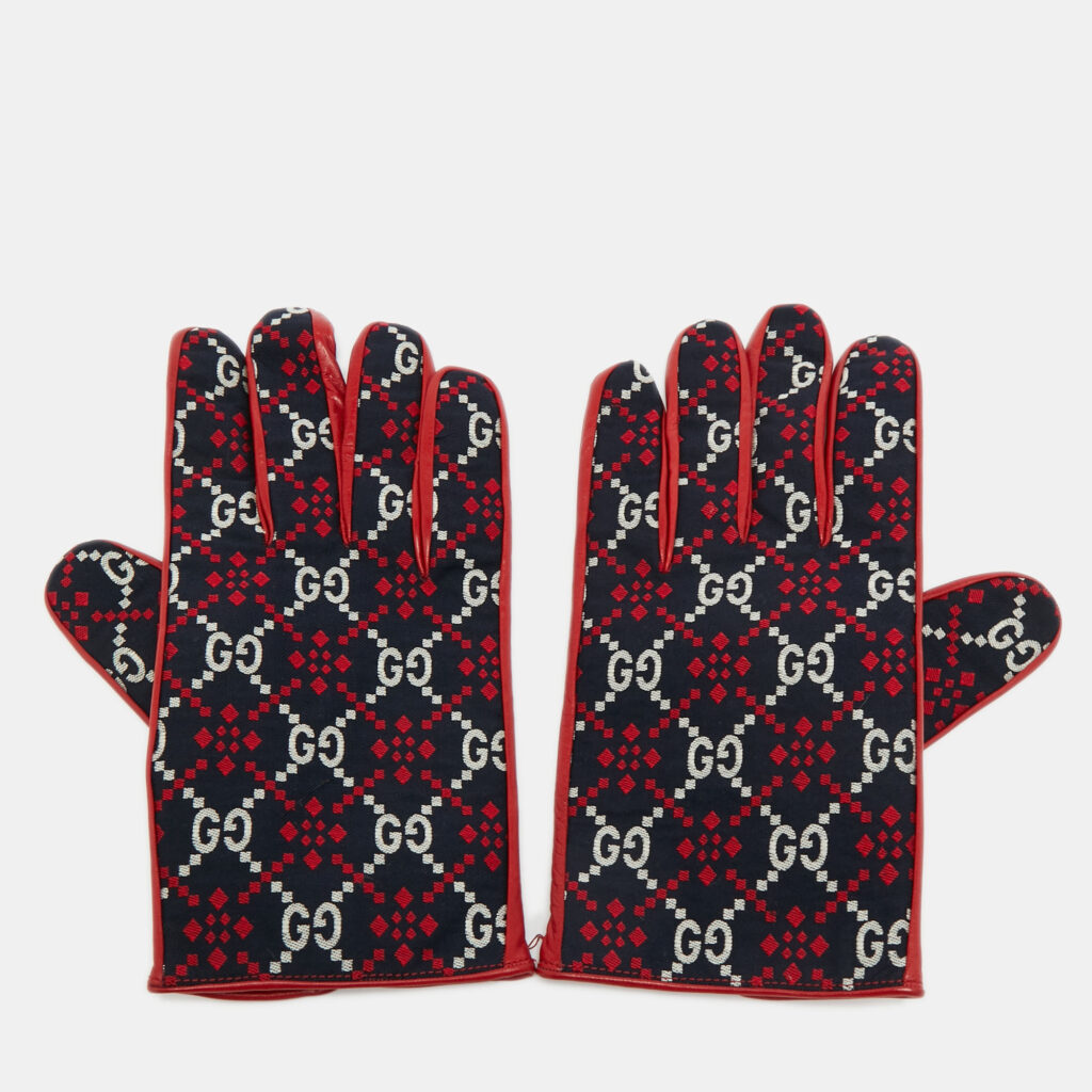 Gucci Gloves L Navy Blue/Red Diamond GG Canvas and Leather Gucci Gloves L Navy Blue/Red Diamond GG Canvas and Leather