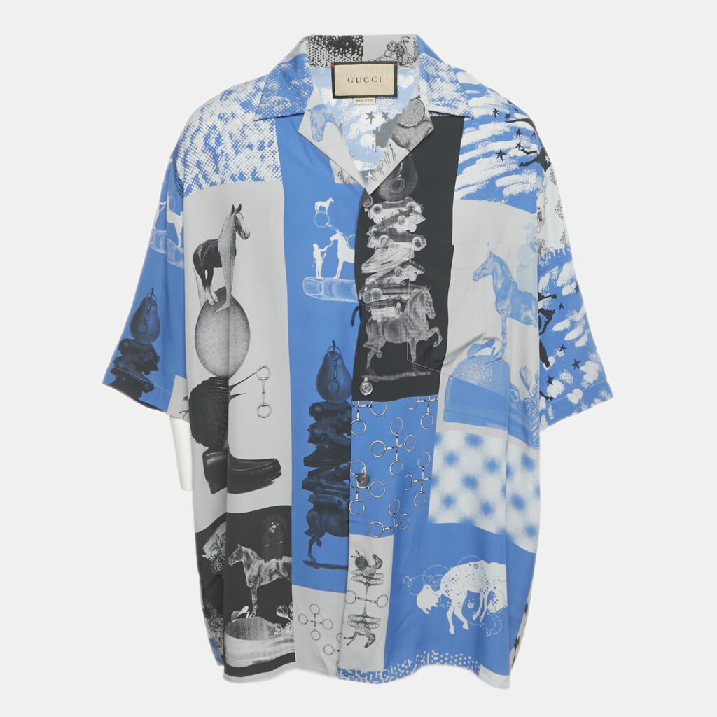 Gucci Blue Patchwork Silk Short Sleeve Shirt L Gucci Blue Patchwork Silk Short Sleeve Shirt L