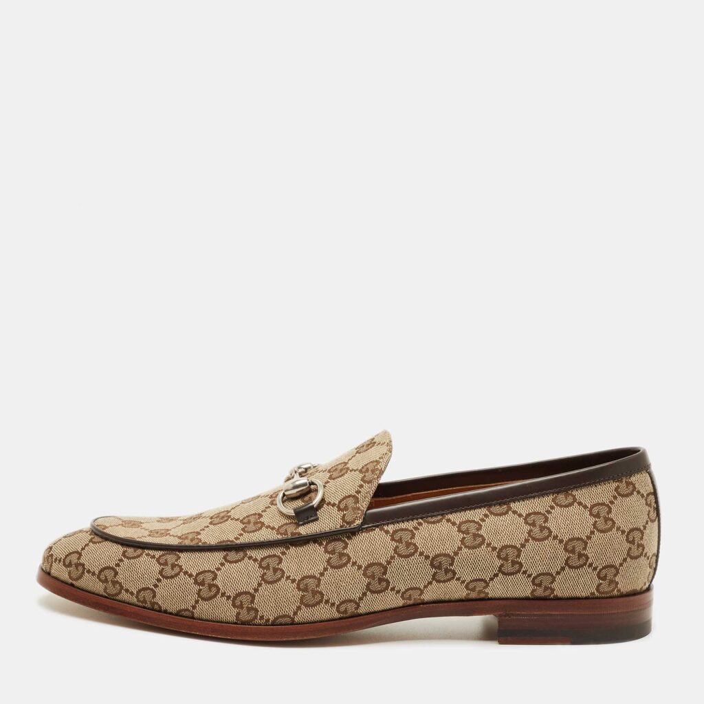 Gucci Beige/Brown GG Canvas Jordaan Horsebit Loafers Size 44