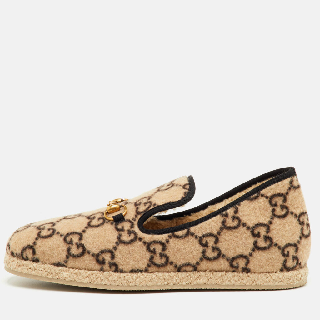 Gucci Fria Horsebit Size 44.5 Beige/Black Wool GG Slip On Loafers