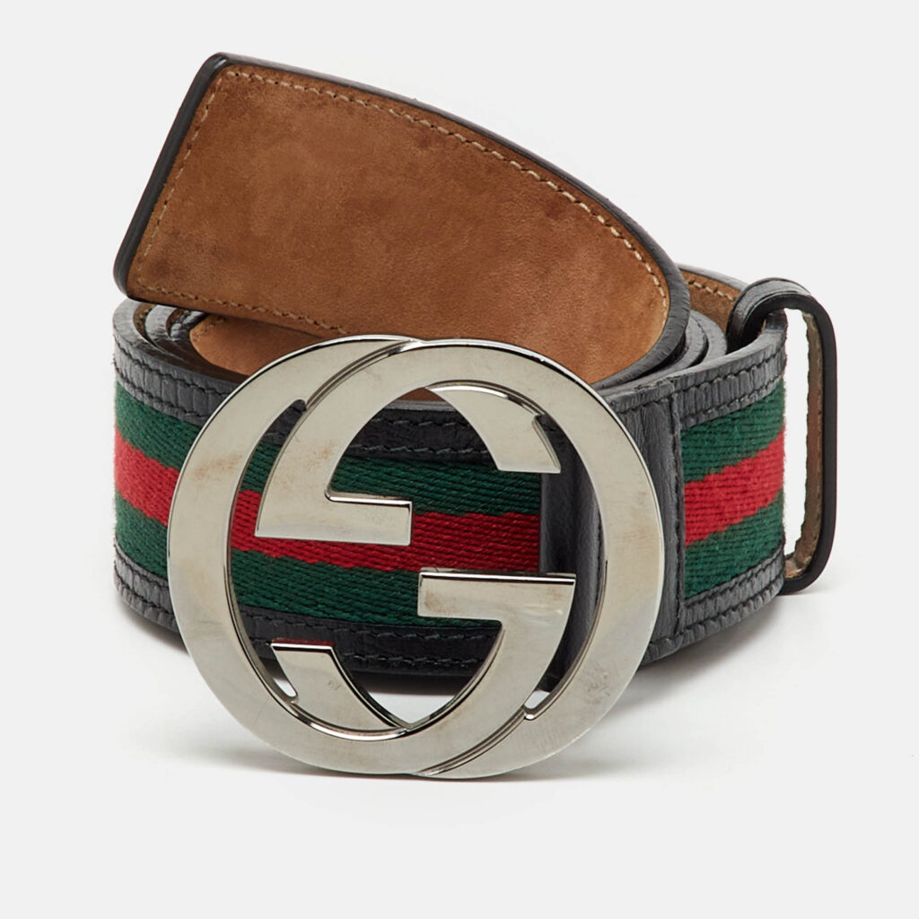 Gucci Black Leather and Web Canvas Interlocking G Buckle Belt 85CM