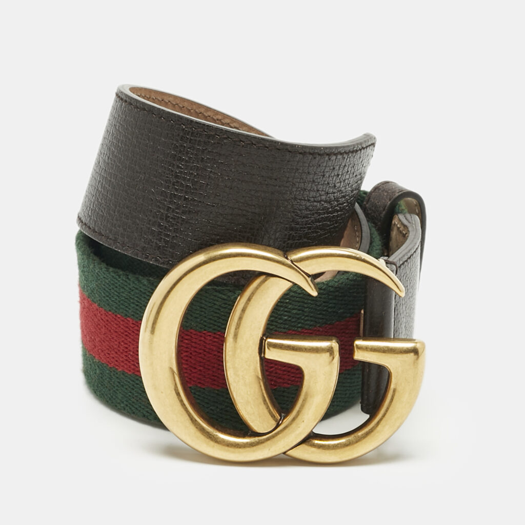 Gucci Red/Green Web Canvas and Leather GG Marmont Buckle Belt 70CM