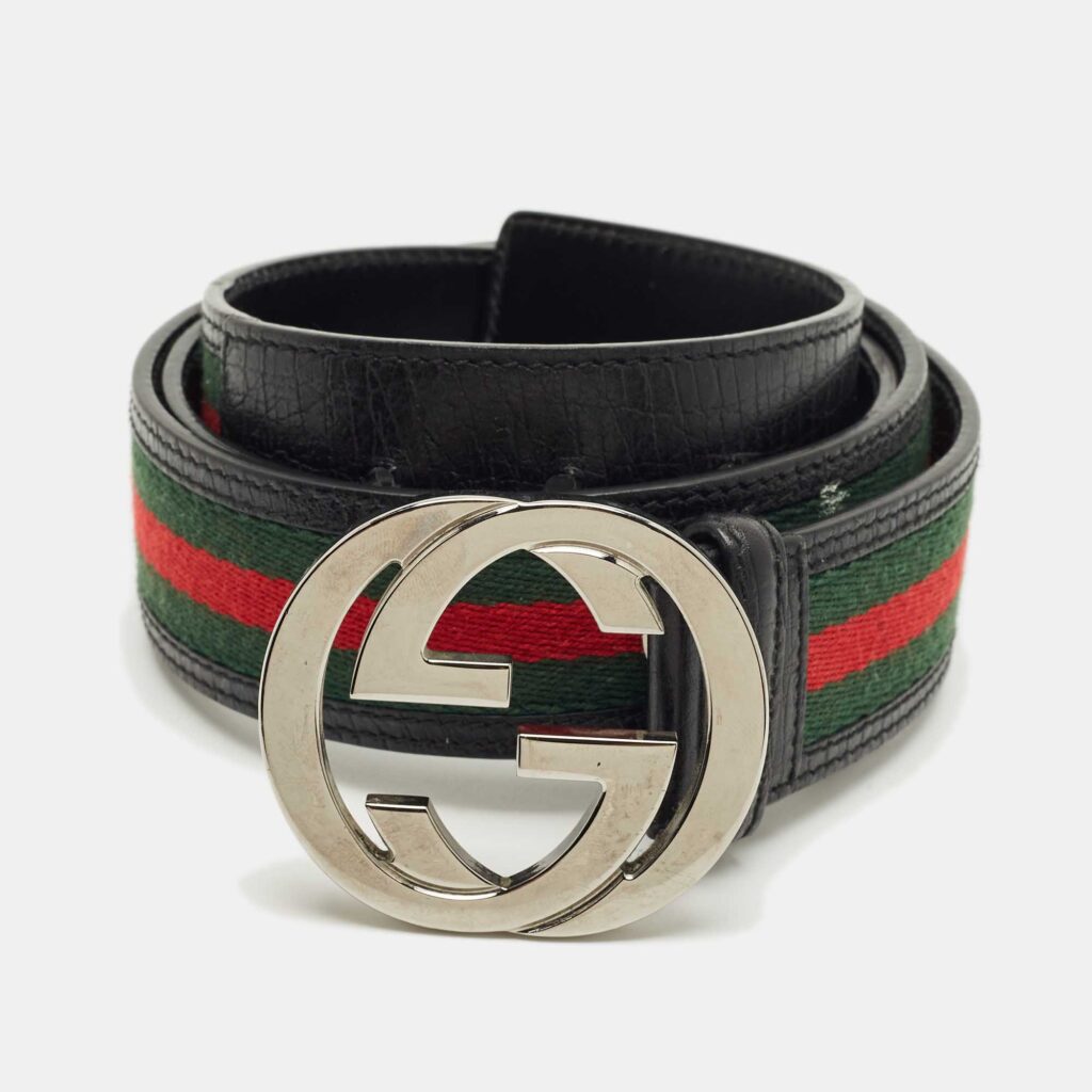 Gucci Black Web Canvas and Leather Interlocking G Belt 110CM Gucci Black Web Canvas and Leather Interlocking G Belt 110CM