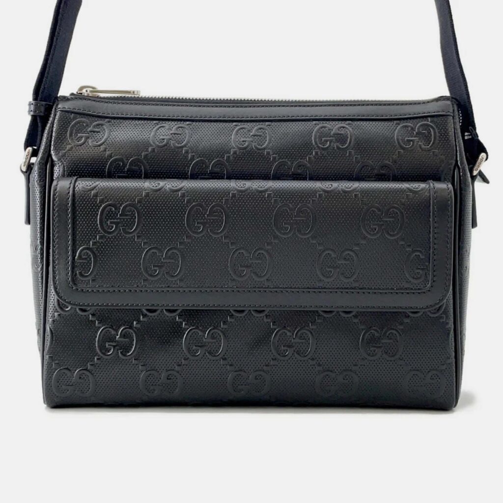 Gucci GG-Embossed Messenger Bag Black Leather Gucci GG-Embossed Messenger Bag Black Leather