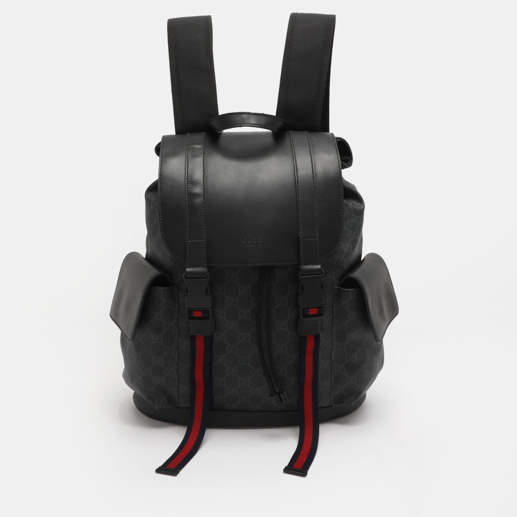 Gucci Black Soft GG Supreme Canvas and Leather Large Drawstring Backpack Gucci Black Soft GG Supreme Canvas and Leather Large Drawstring Backpack