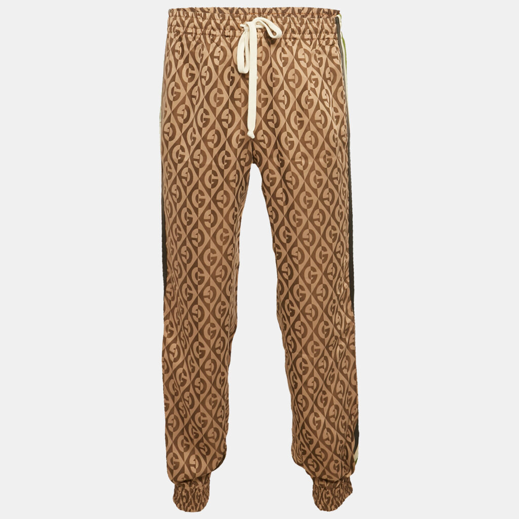 luxury-men-gucci-used-clothes-p1168110-003-1.jpg Gucci Brown Leather Trim Jacquard Track Pants M