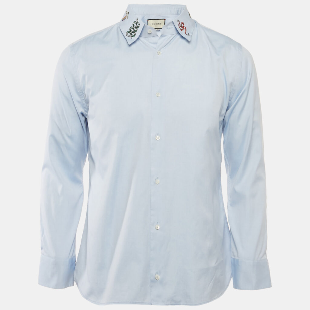 Gucci Blue Snake Embroidered Collar Cotton Duke Shirt S Gucci Blue Snake Embroidered Collar Cotton Duke Shirt S