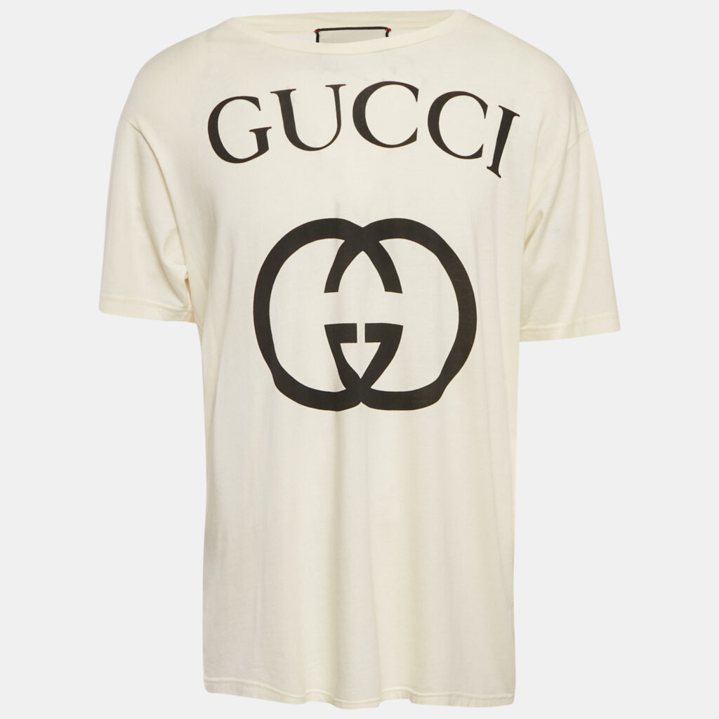 Gucci Cream Logo Print Cotton Oversized Crewneck T-Shirt XS