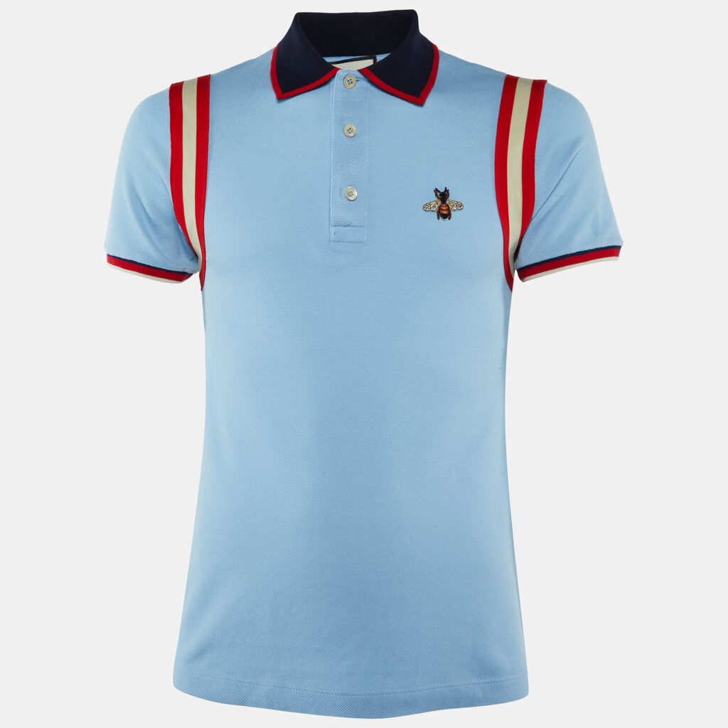 Gucci Blue Cotton Knit Logo Trim Detail Polo T-Shirt S Gucci Blue Cotton Knit Logo Trim Detail Polo T-Shirt S