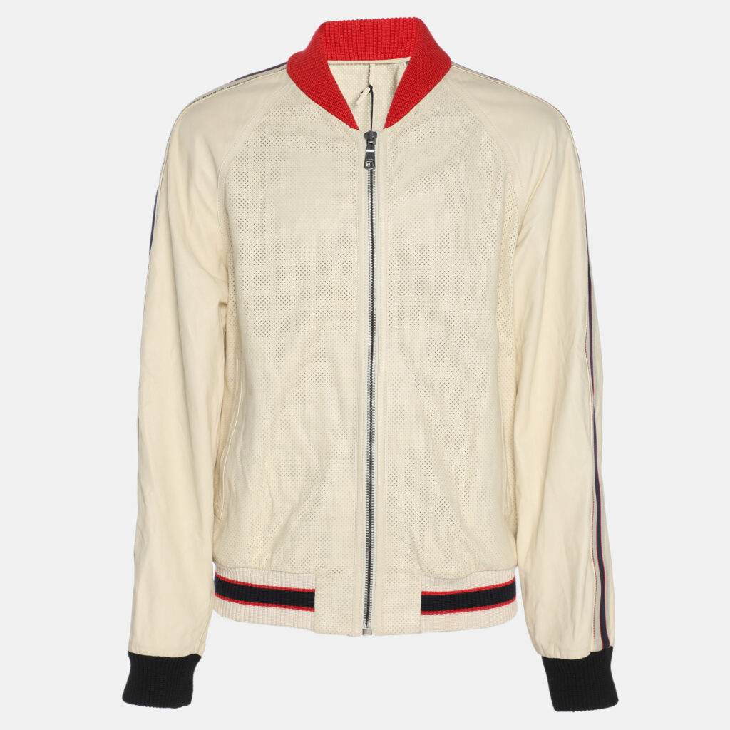 Gucci Cream Perforated Leather Logo Print Bomber jacket XL Gucci Cream Perforated Leather Logo Print Bomber jacket XL