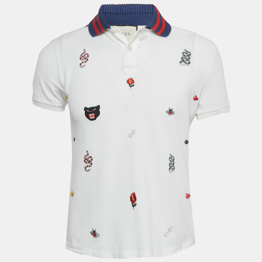 Gucci White Embroidered Cotton Rib Collar Polo T-Shirt S Gucci White Embroidered Cotton Rib Collar Polo T-Shirt S