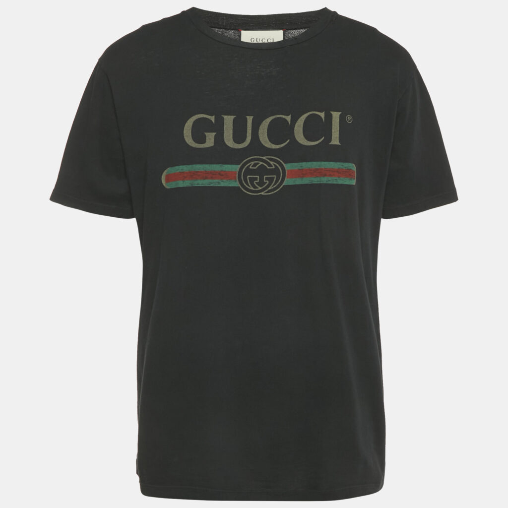 Gucci Black Logo Print Distressed Cotton Crew Neck T-Shirt S Gucci Black Logo Print Distressed Cotton Crew Neck T-Shirt S